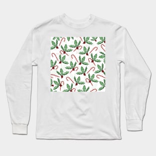 Green Holly Leaves Red Berries Candy Cane Paint Long Sleeve T-Shirt